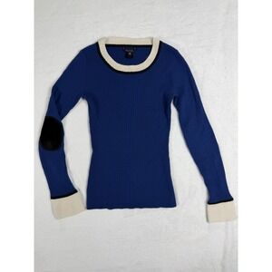 Pink Tartan Blue Cashmere Wool Blend Knit Sweater Top Women's Sz XS Patch Elbows